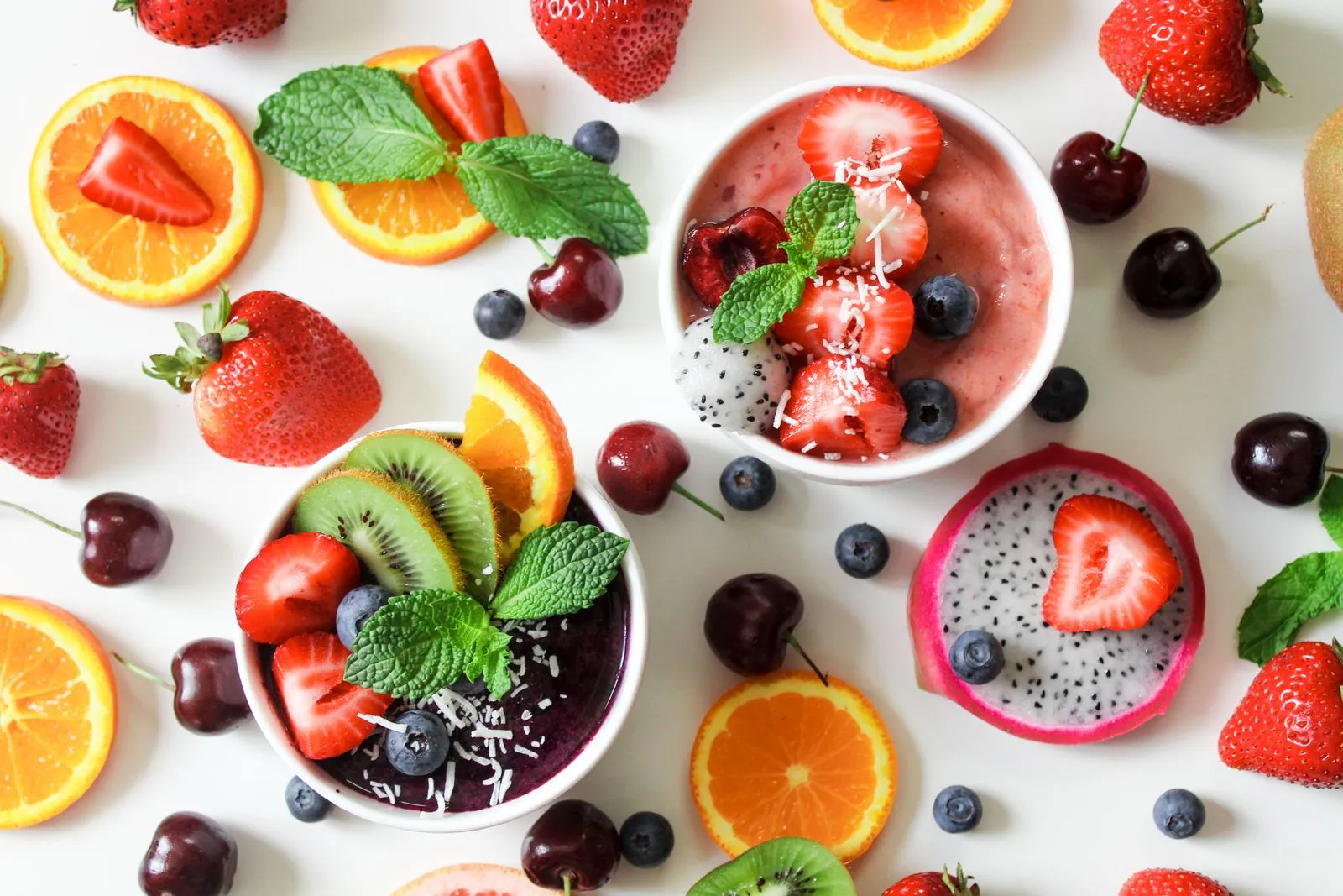 Vibrant smoothie bowls with fresh fruits create a healthy, delicious, and visually appealing meal.